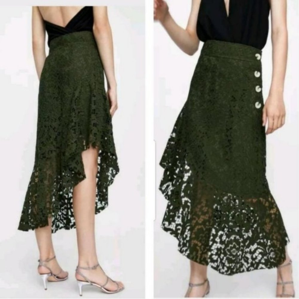 Zara Olive Green Embroidered Midi Skirt NWT - Picture 11 of 13
